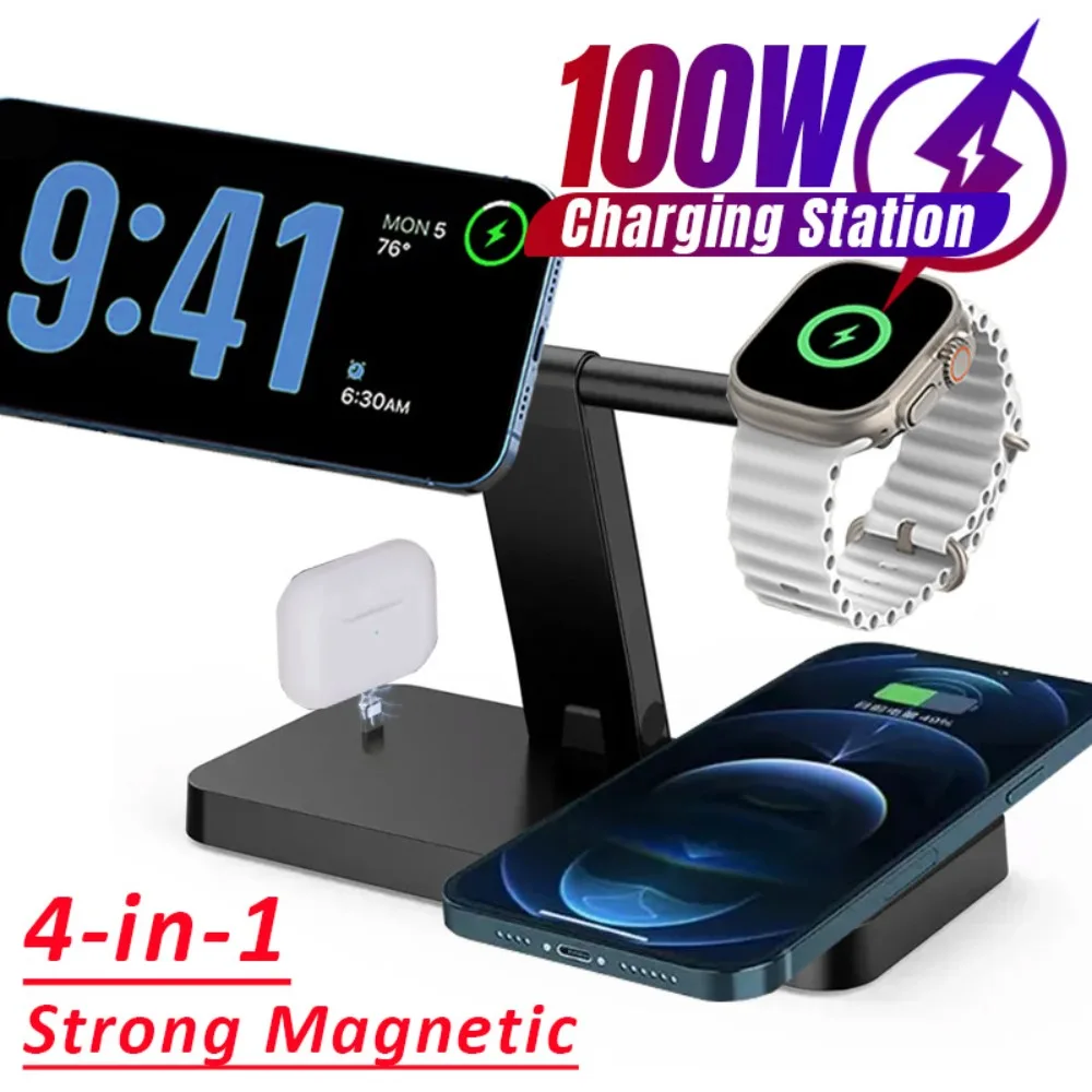 100W 4-in-1 Magnetic Wireless Charger Foldable Phone Holder Dock For Magsafe iPhone 16-12 Apple Watc