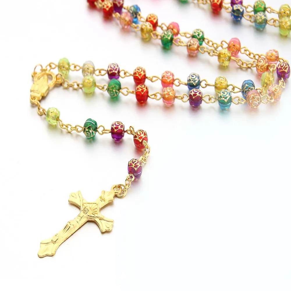 Catholic Rosary Bead Necklace For Women Gold Color Long Chain Crucifix Cross Pendant Female Religious Prayer Jewelry