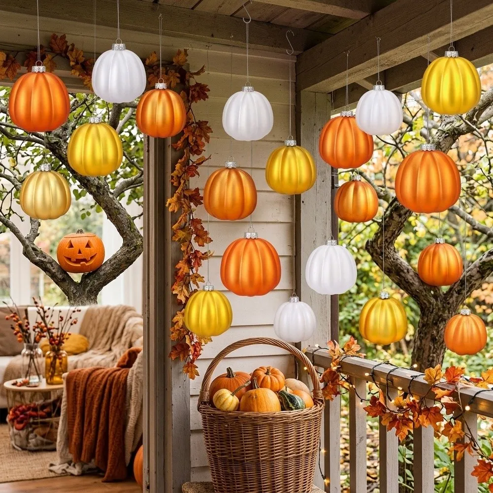 Halloween Pumpkin Ornament Set Plastic 24 Piece Hanging Decor for Mantel Shelf Tabletop and Exterior Lighting Areas