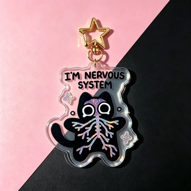I'm Nervous System Cat Acrylic Keychain Funny Anxiety Anatomy X-Ray Kitten Bag Charm  Cute Mental Health Gift For Kitty Lovers