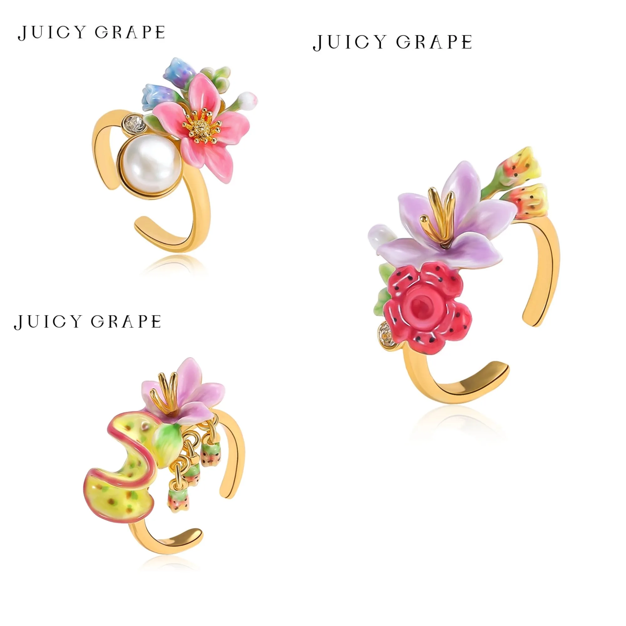 Elegant Violet Handcrafted Purple Enamel Forget-Me-Not Flower Ring for Women Juicy Grape Jewelry Gift for Engagement Party