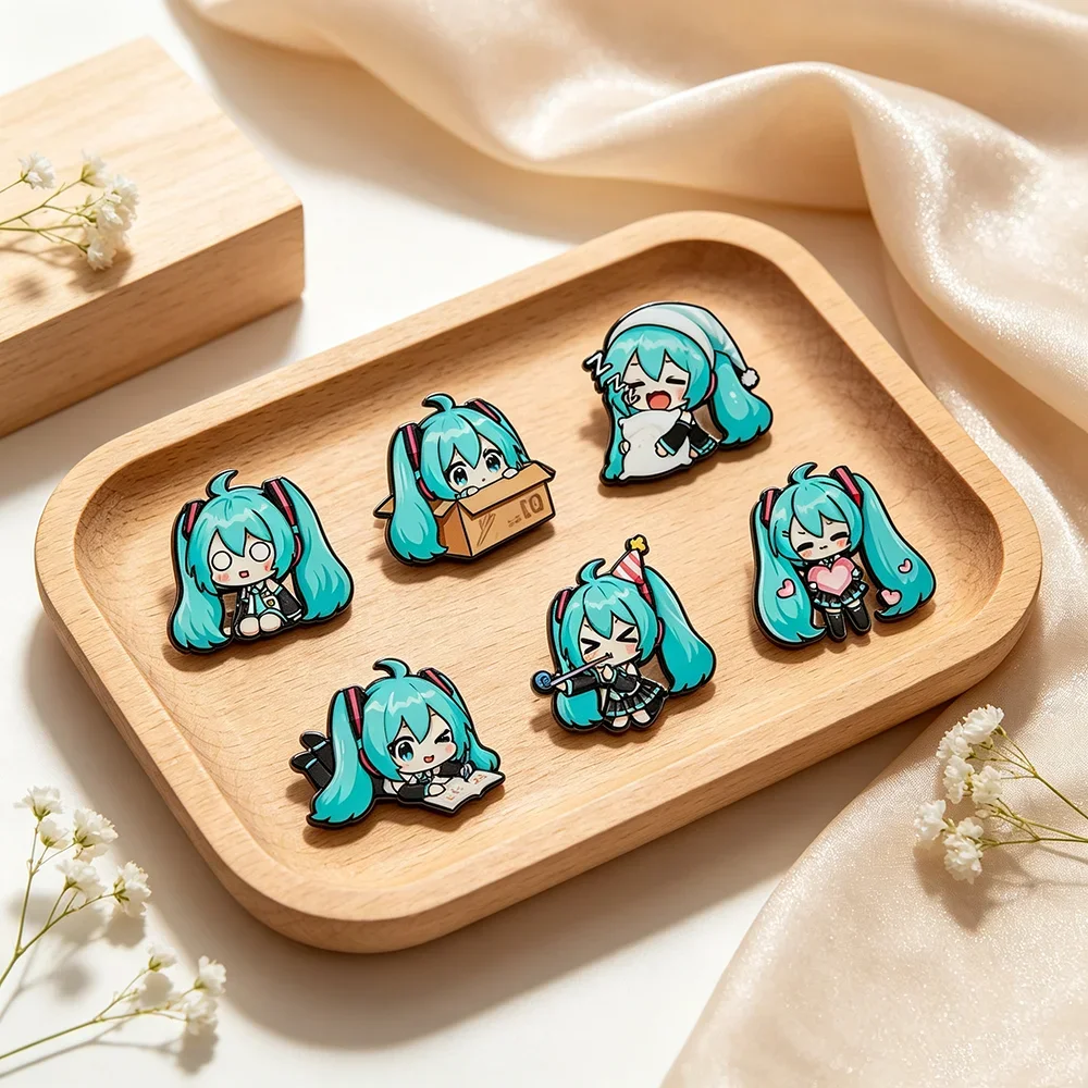 **6pcs Kawaii Chibi Enamel Pin Set Multi-Pose Vocaloid Anime Brooches, Aesthetic Metal Lapel Badges for Backpack Perfect Gift