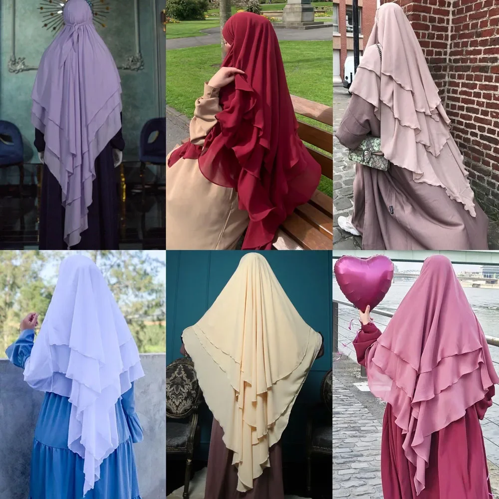 Khimar Muslim Women Long Hijab 3 Layers Prayer Scarf Eid Islamic Clothing Ramadan Burqa Robe Nikab Headscarf Tops Abaya Abayas