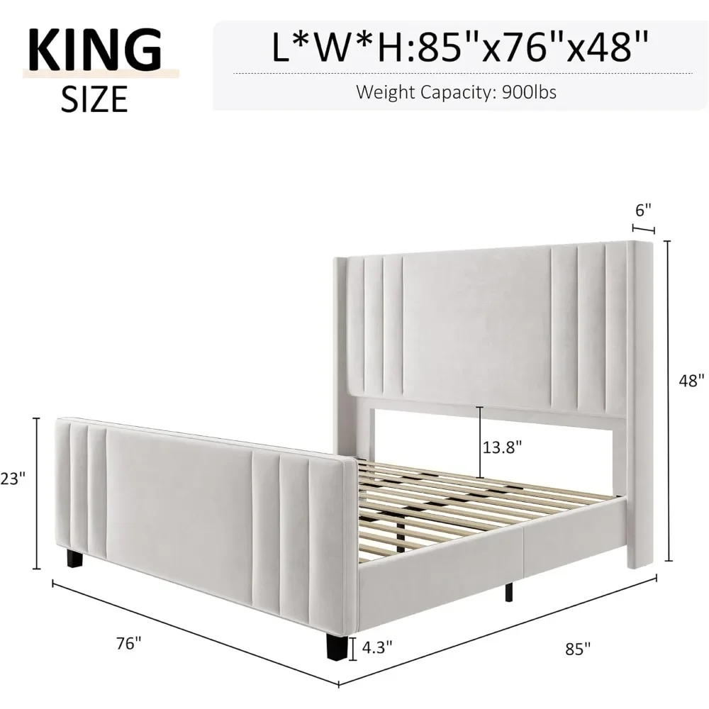 King Size Bed Frame, Velvet Upholstered Platform Bed with Vertical Channel Tufted Headboard & Footboard/WingbackLM