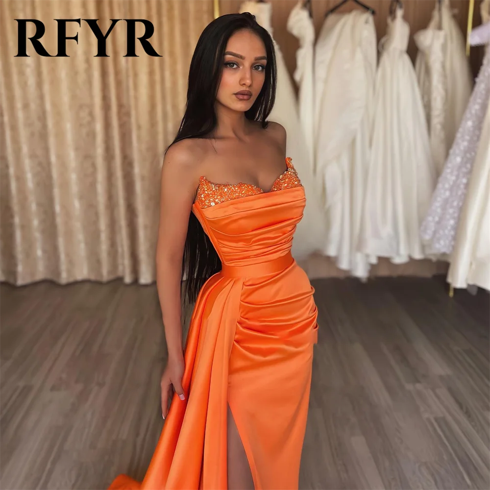 RFYR Mermaid Orange Evening Dresses for Women Stain Charming Prom Dress Sexy Party Dress with Beaded High Slit Customized