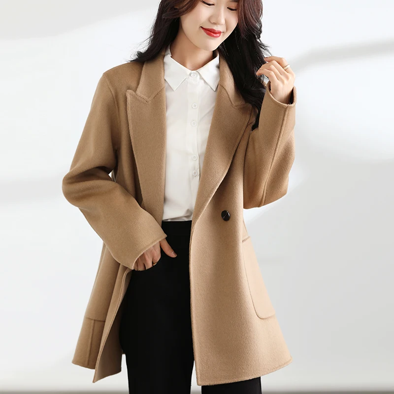 Autumn And Winter New Temperament Double-Sided Cashmere Coat Women\'s Short Pocket 100% Pure Wool Coat