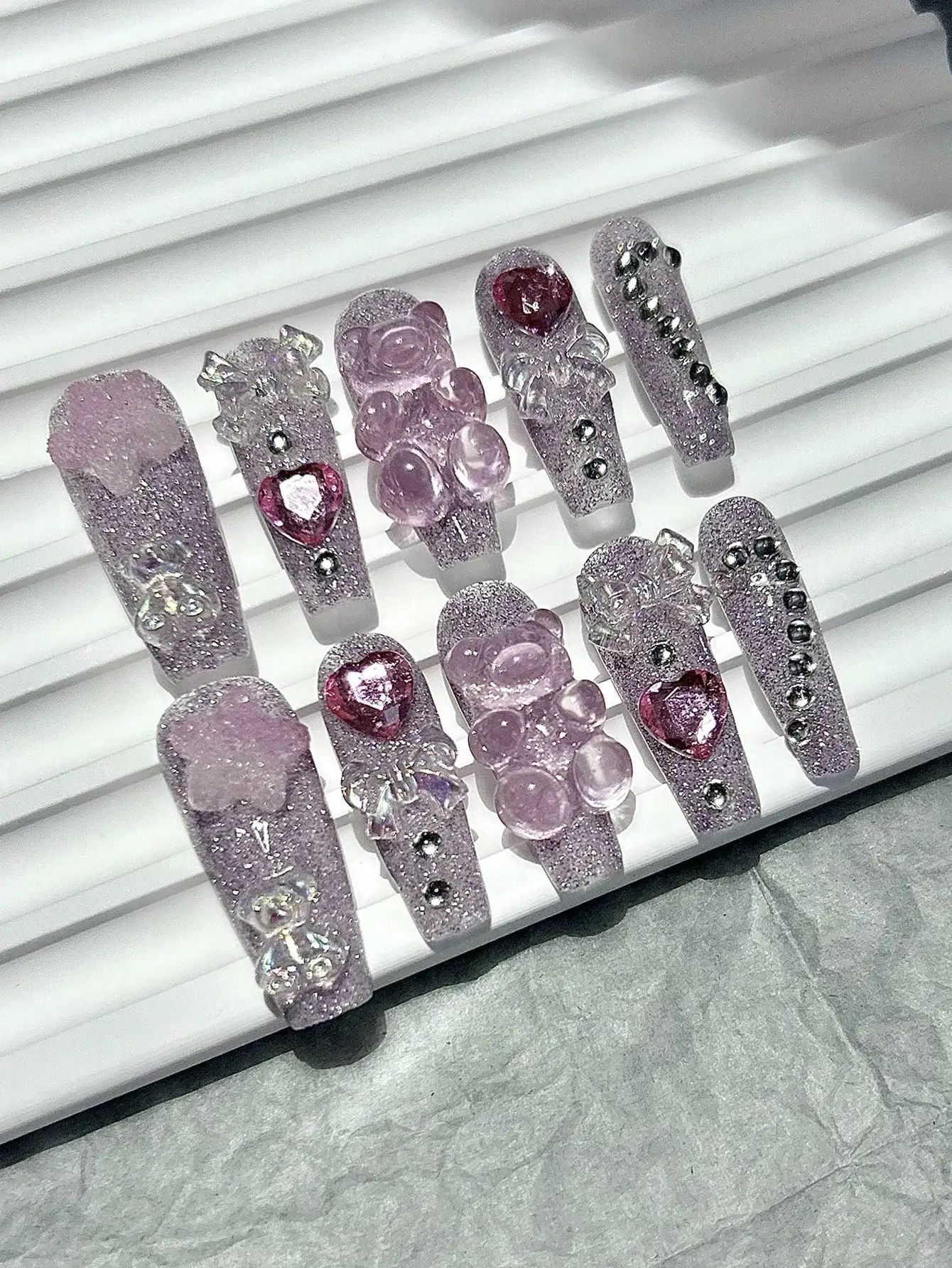 

10pcs Cute Pink Milkshake, Bow, Teddy Bear, Star Shiny False Nails, Sweet Girl Handmade Nails, Press-On Nails/Coffin Nails/Long Press-On Nails, Nail Art Supplies (1 Jelly Sticker + 1 Nail File)