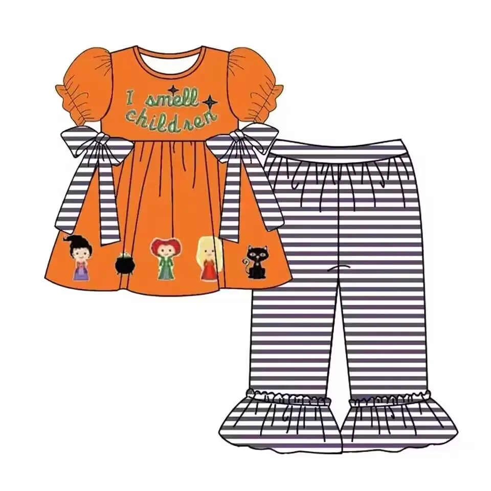 Halloween New Girl Suit Cartoon Print Orange Short-sleeved Striped Pants 2-piece Set Infants Cute Outfit Sibling Matching Suit