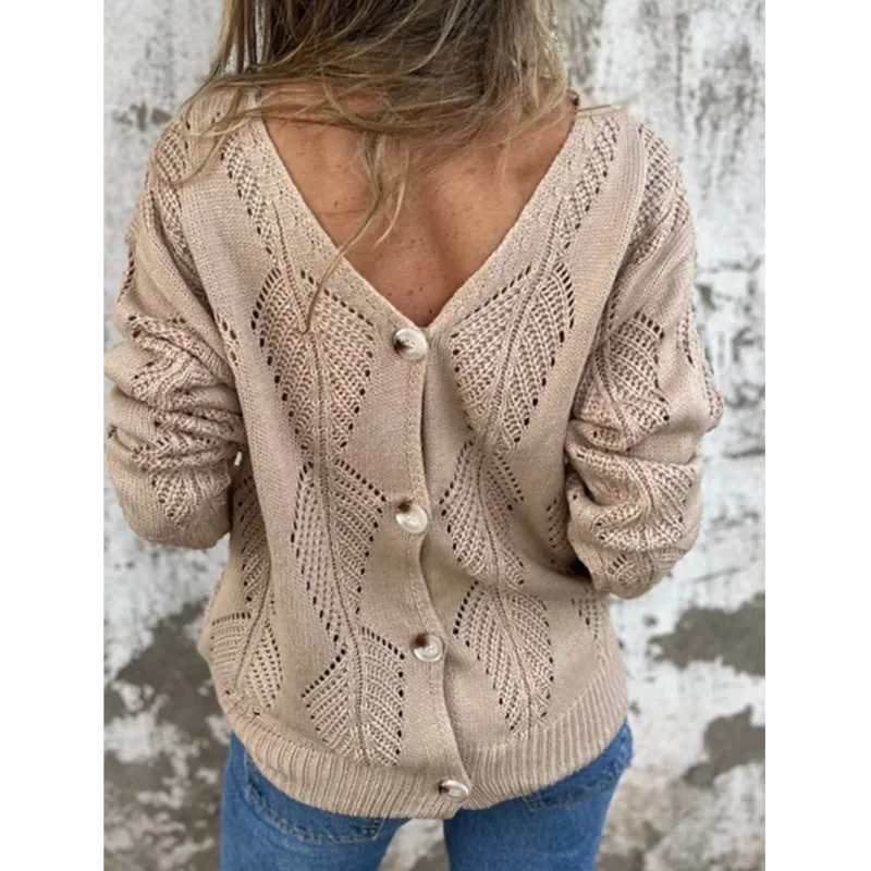 

Elegant Autumn Sweater Cardigan Pullover Hollowed-out V-neck Long-Sleeved Knitted Top Womens Loose Double-sided Wearable Outfits