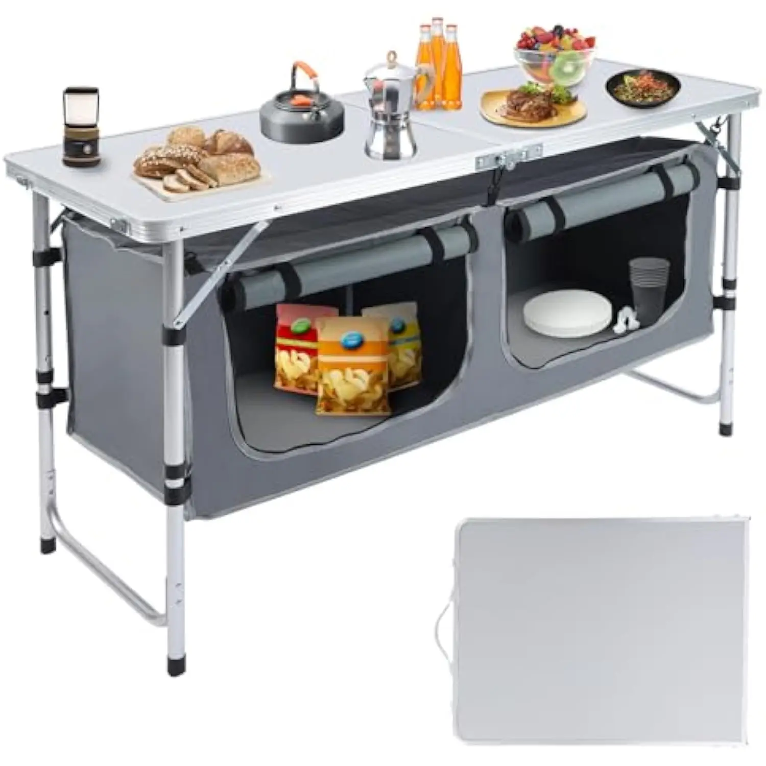 

Outdoor Folding Camping Table with Storage Organizer, Portable Aluminum Composite Panel Lightweight Table, 3 Adjustable Height,