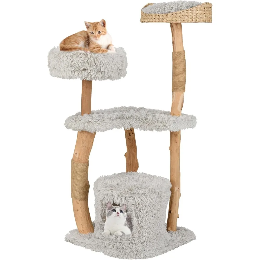 

Very PETSITE 49 Inch Cat Tree For Indoor Cats, Cute Solid Wood Modern Multi-Level Cat Tower With Scratching Posts, Top Cattail B