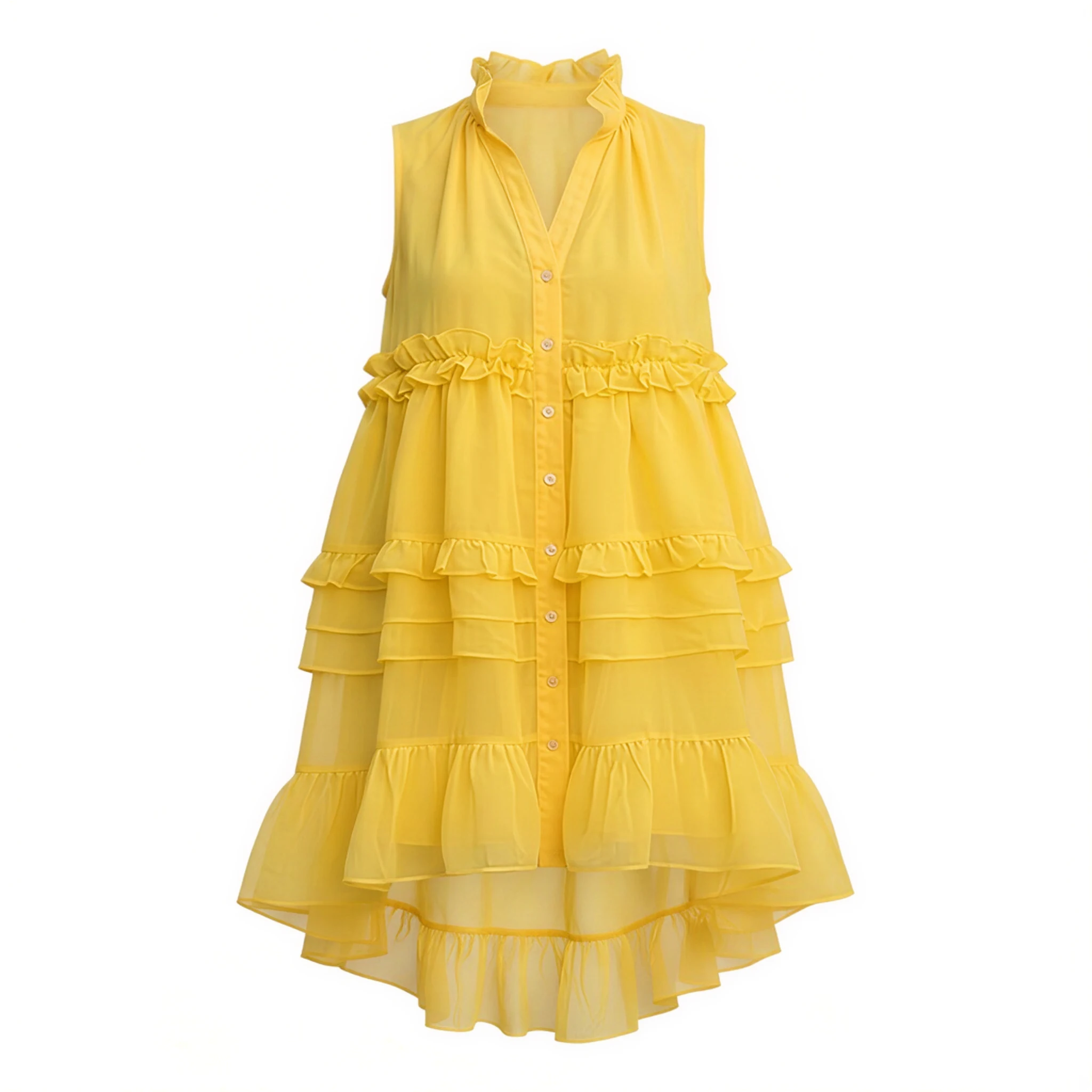 Ärmelloses, gestuftes Rüschen-Minikleid, gerüschtes Chiffon-Kurzkleid mit Knöpfen, Damen, lässig, locker, sommerlich, süß, Boho, Urlaubs-Sommerkleid – Detail 5