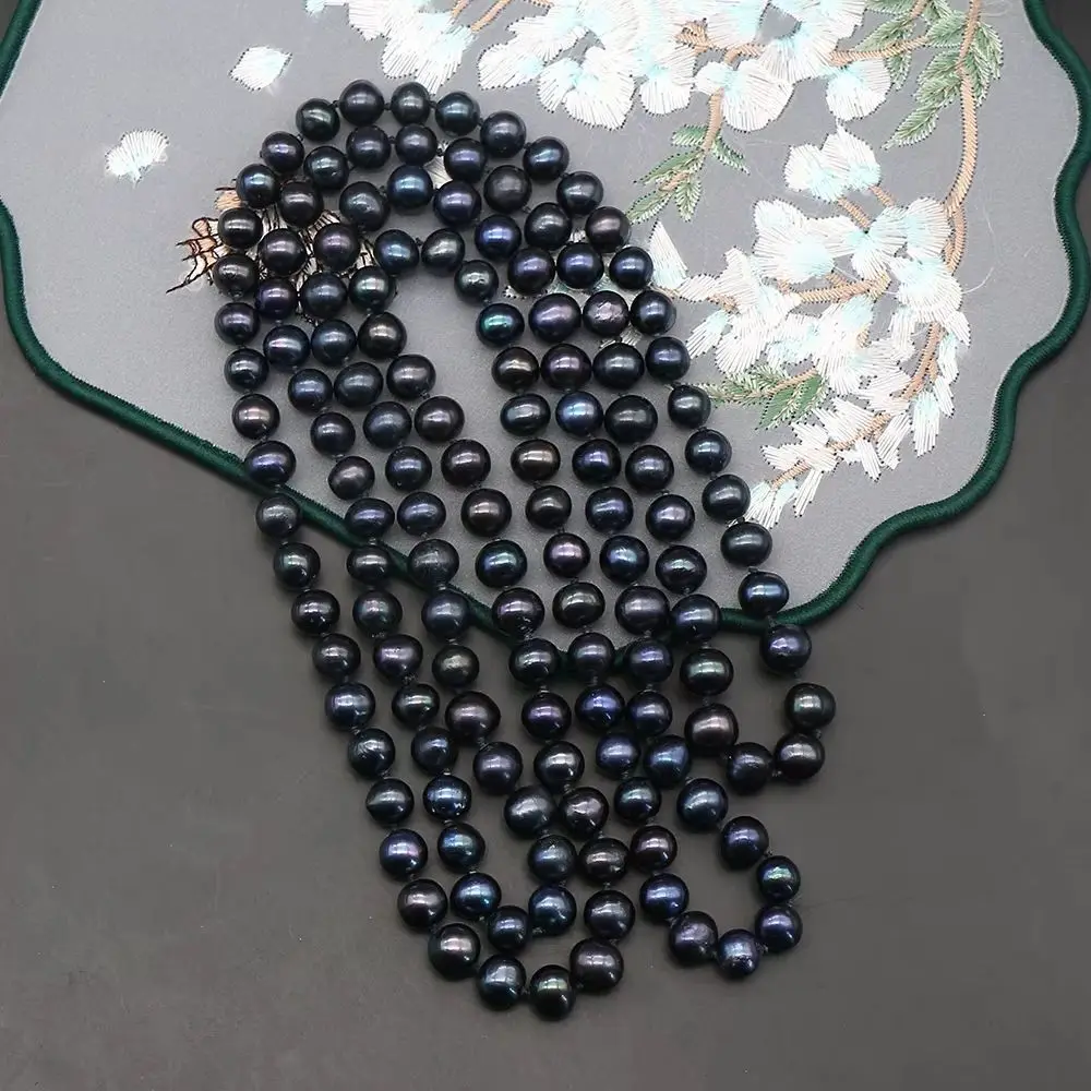 

8-9mm Black Edison Pearl Necklace Irregular Round Freshwater Pearl Long Beaded Jewelry 1 Strand For Fashionable Neck Ornament