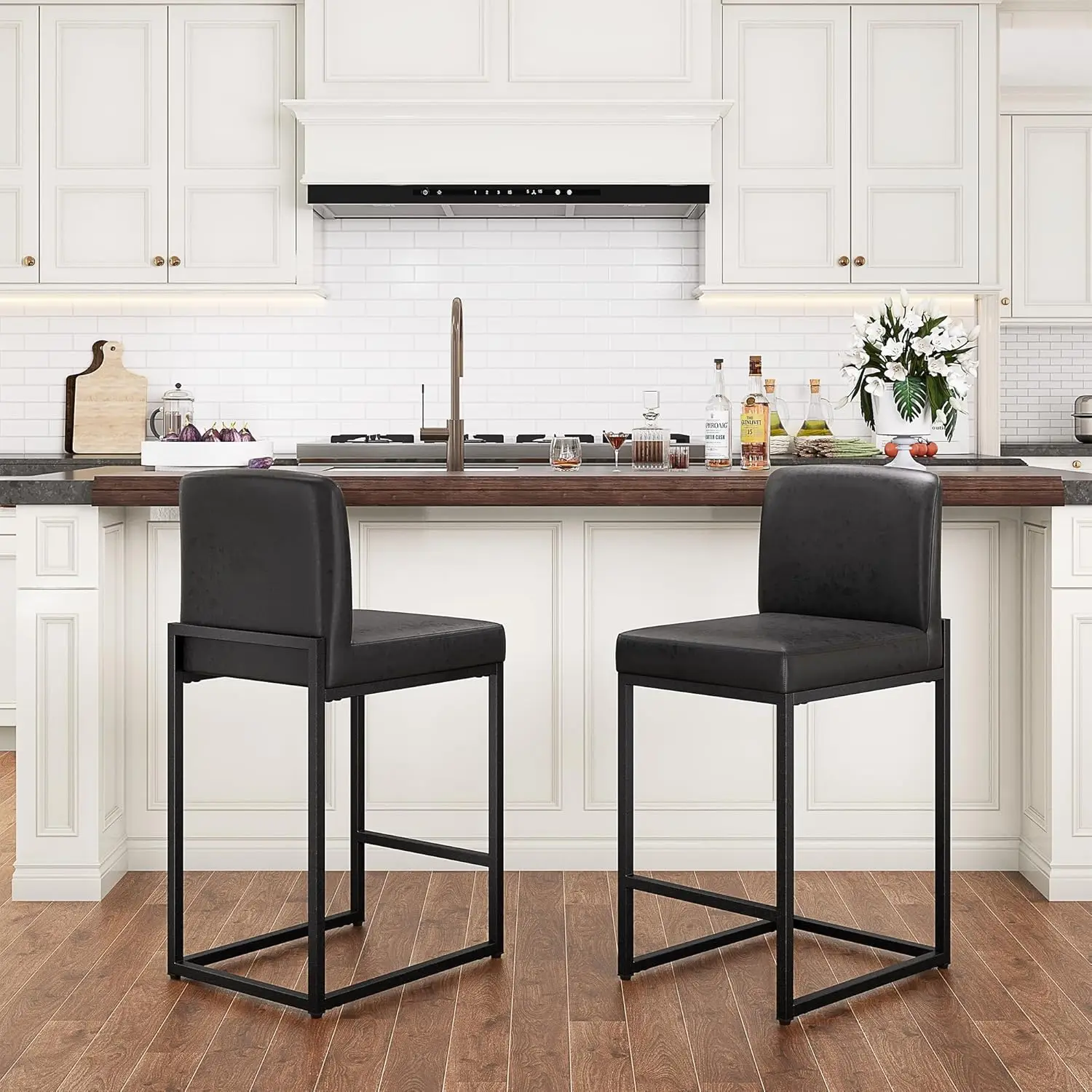 

Black Leather Bar Stools Set of 2, Counter Height Bar Chairs, 24 inch Kitchen Modern Bar Stool with Back