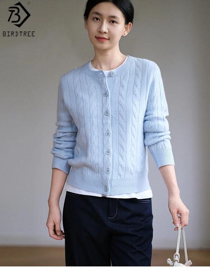 

Вязаный кардиган Birdtree из 100% овечьей шерсти, женское однобортное пальто с витым цветком, осенний свитер с круглым вырезом и длинными рукавами T59601JF