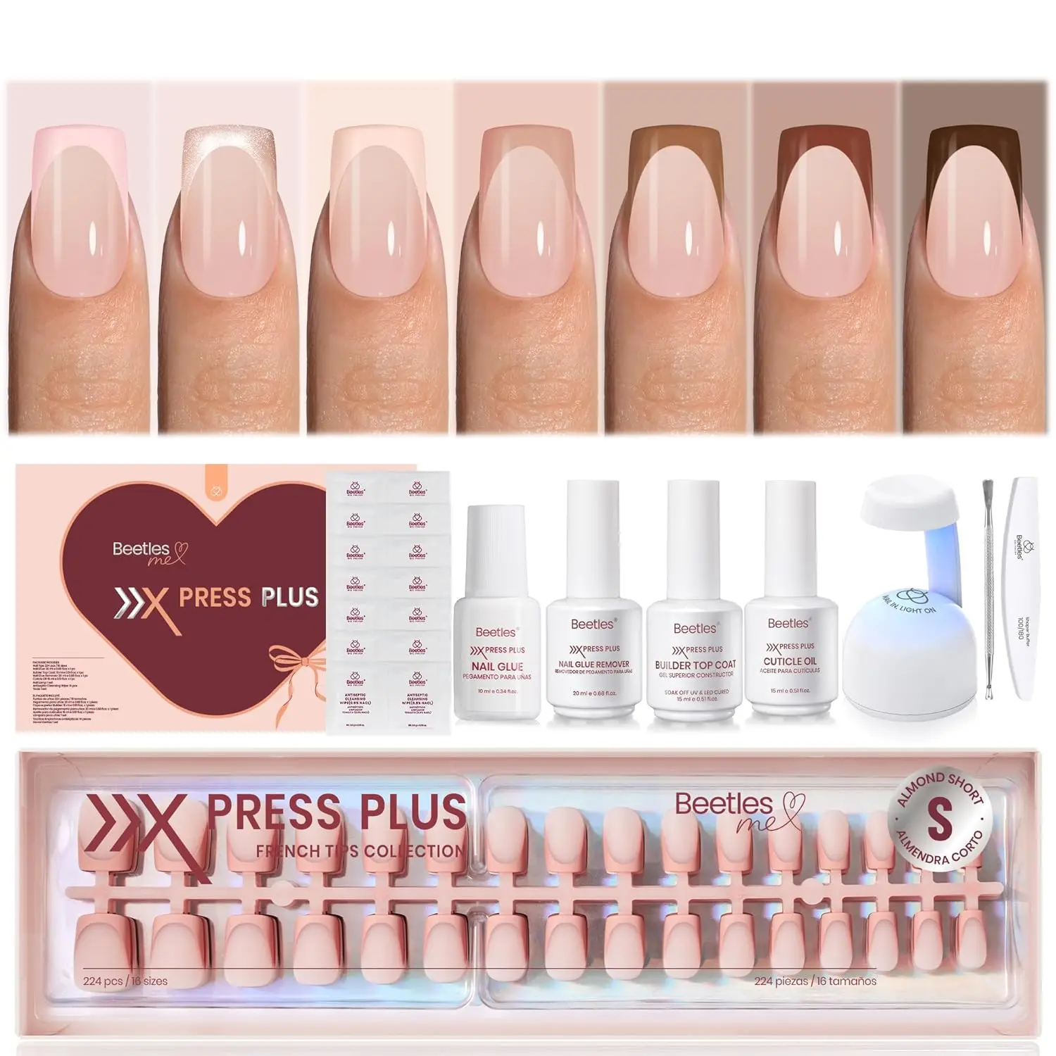 Zestaw 7 kolorów krótkich, kwadratowych paznokci francuskich do naklejania, 224 sztuki, klej, płyn do usuwania, top coat i lampa do zimowego manicure DIY