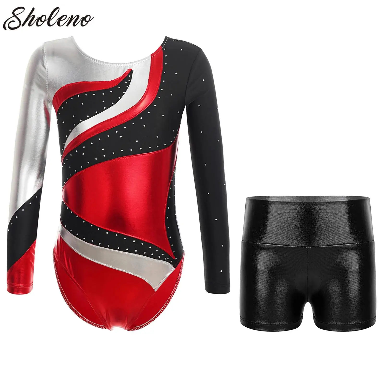 

Kid Girls Gymnastic Leotard Ballet Dance Bodysuit with Shorts Set Figure Skating Stage Performance Dancewear Swimwear Sportswear