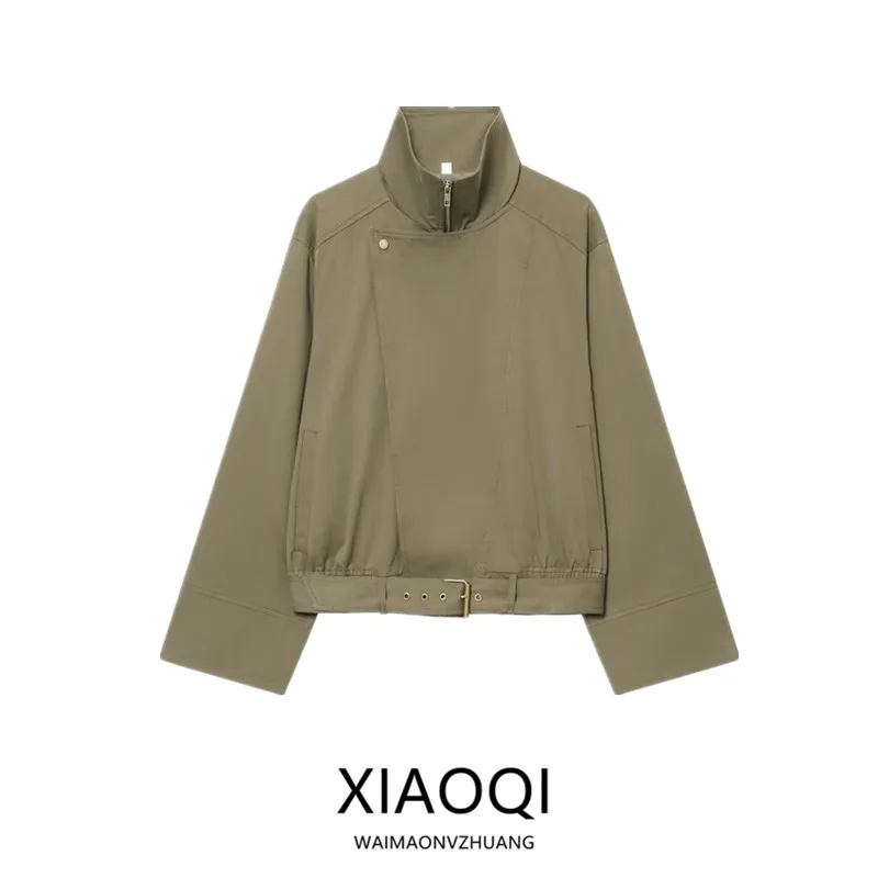 

Новинка осени 2022, женская ветровка, пальто с высоким воротником и поясом, верхняя одежда, длинная застежка-молния, женская куртка