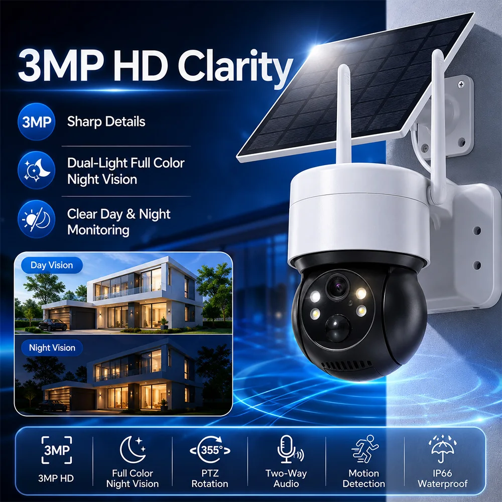 Solar WiFi Security Camera 3MP HD TUYA Smart Outdoor PTZ Camera IP Powered IP66 Waterproof Full Color Night Vision Two Way Audio