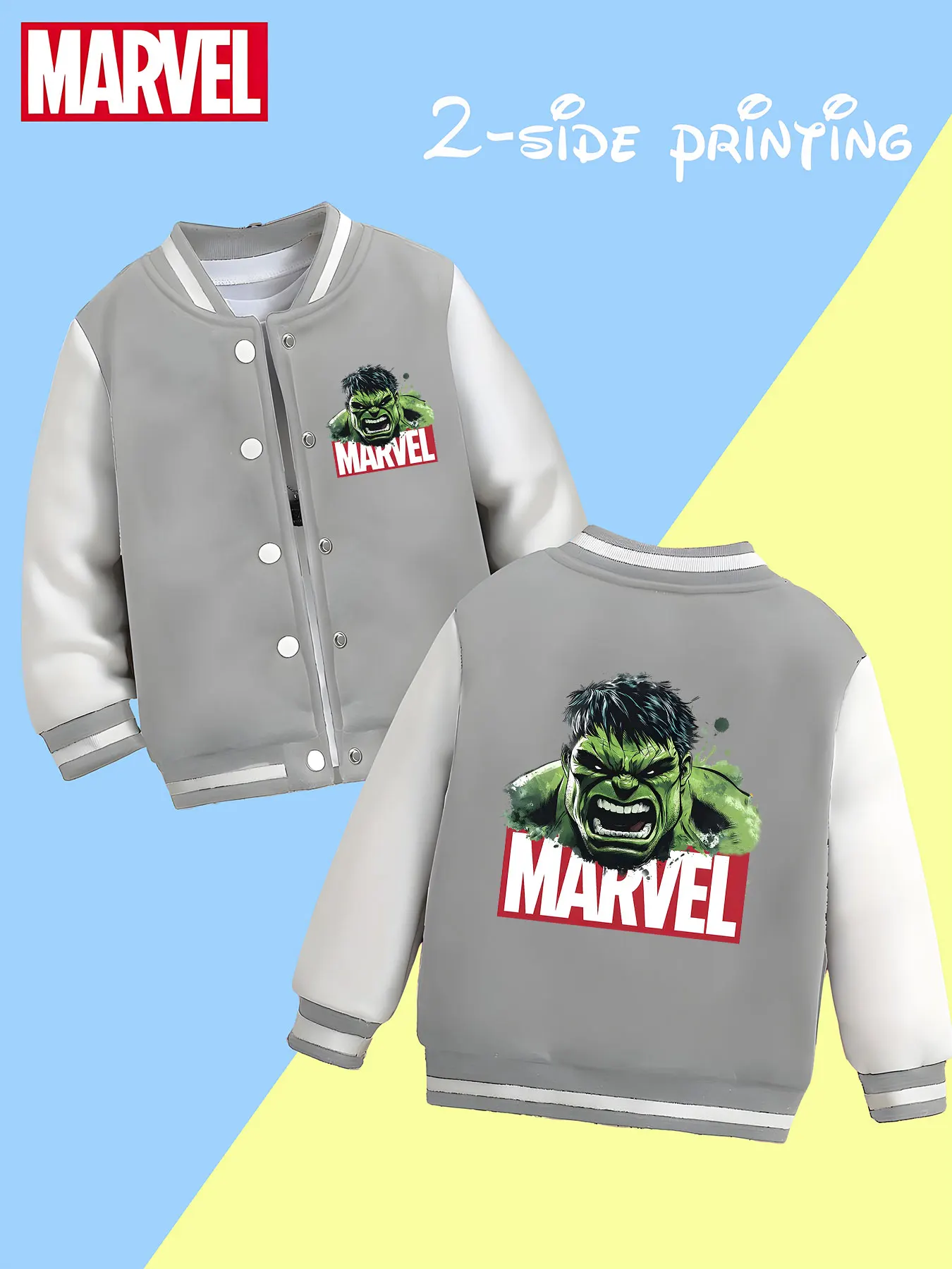 Personalisierte Baseballjacke für Jungen von MINISO Marvel Hulk – herrschsüchtiger Porträtdruck von Hulk, doppelseitig zur Förderung eines Geistes von Pow
