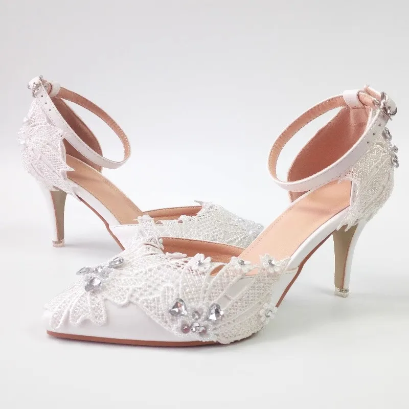 

Босоножки на высоком каблуке, новые летние свадебные туфли с острым носком и жемчугом и стразами, банкетное платье, женская обувь большого размера маленького размера