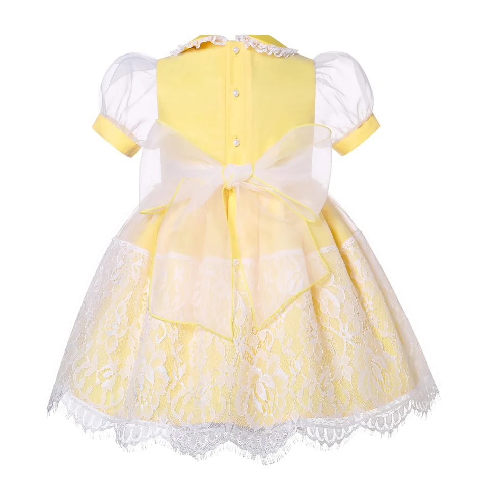 Pettigirl Girls Yellow Summer Eid Cute Smocked Embroidery Lace Dresses for Children Bridesmaid Wedding Siblings Matching Outfits