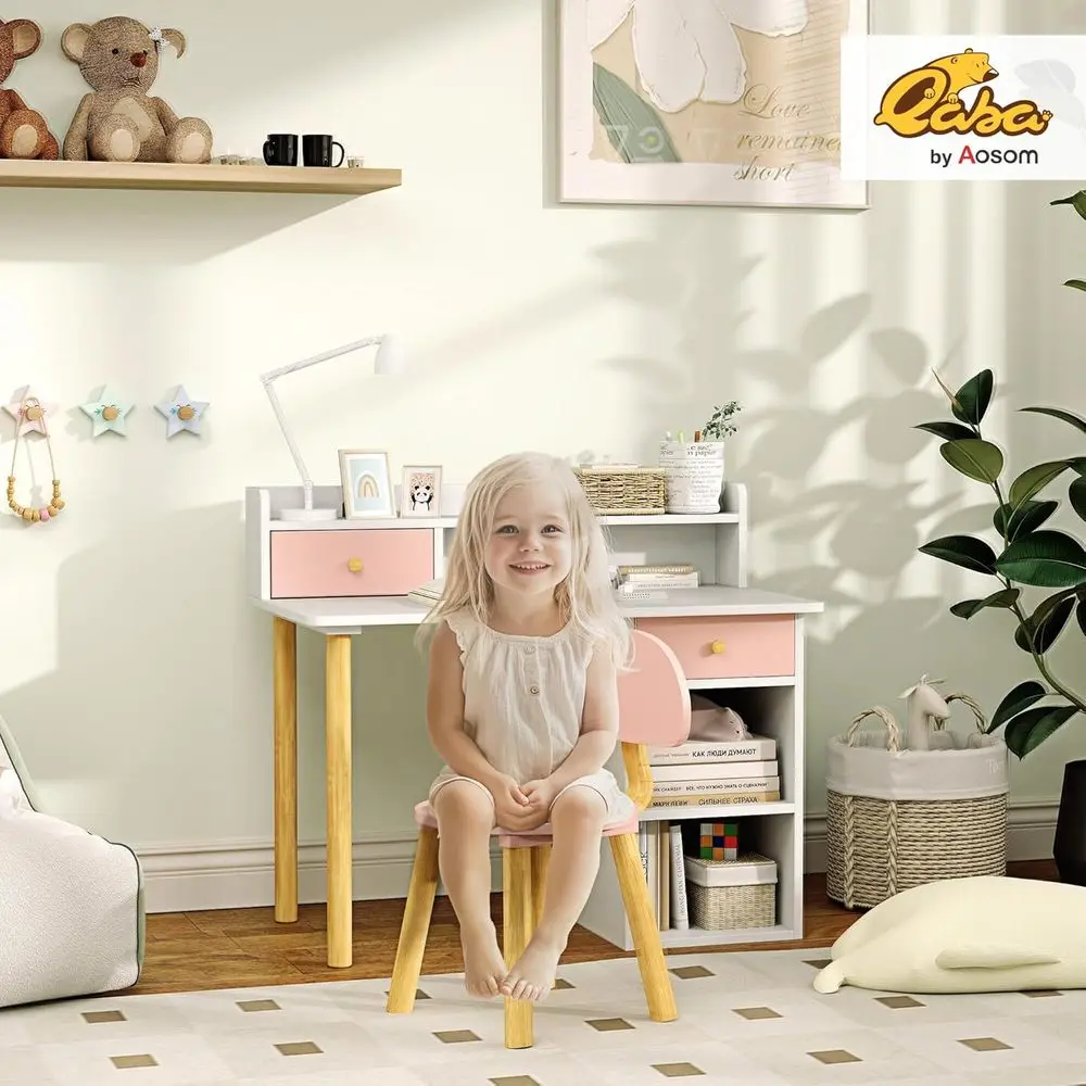 Kids Desk and Chair Set, Kids Study Desk with Storage, Hutch, Student Writing Table or Bedroom & Study Room, Girls Boys Aged 3-8