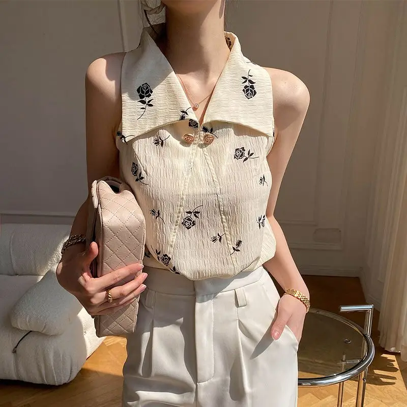 

Retro Shoulder-Hugging Sleeveless Shirt Women's Summer Hong Kong Style Large Collar Print Slimming Shoulder-Exposing Chiffon ...