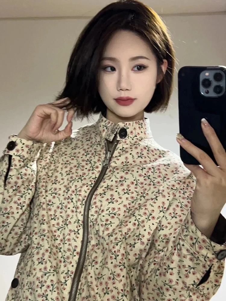 Spring Autumn Floral Jacket Women Vintage Double Sided Wear Casual Zipper Jackets Long Sleeve Stand Collar Office Lady Coats New