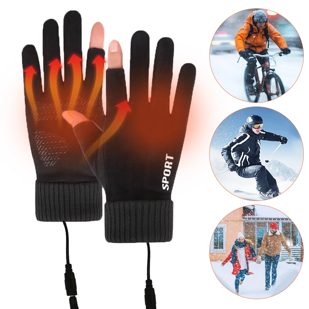 Touch Screen Gloves Non-Slip USB Rechargeable Windproof Warmer 2 Finger Heated Gloves Heated Motorcycle Gloves for Women Men