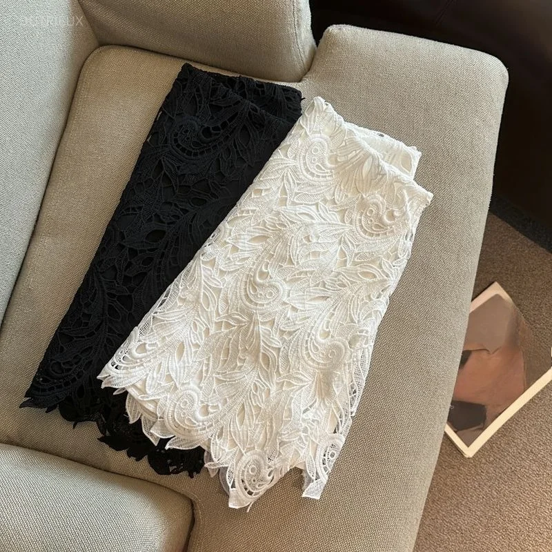 Lace Skirts For Women Solid A-line Spring Summer Office Lady Elegant Mini Skirt Korean Fashion High Waist Retro Jupe Femme