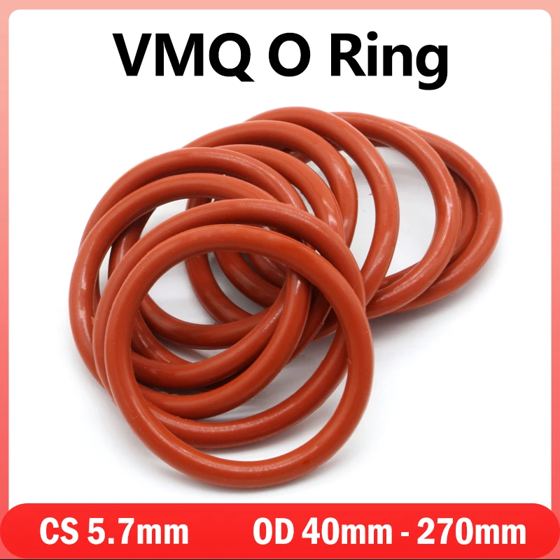 5Pcs VMQ O Ring Gasket CS 5.7mm OD 40 ~ 270mm Waterproof Washer Silicone Rubber Insulate Round O Shape Seal Red Food Grade