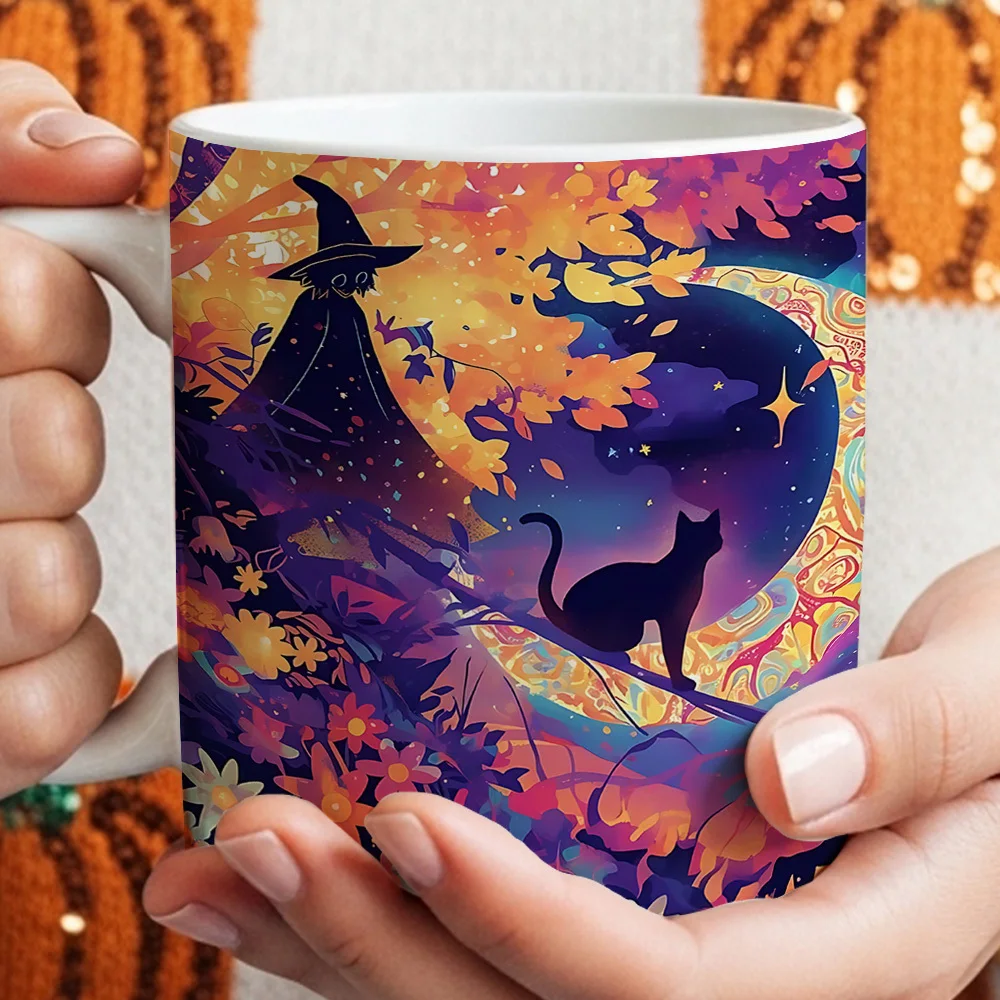 1pc Halloween Witch Cat Moon Coffee Mug, Mystical Bohemian Style Coffee Cup, Fantasy Art Drinkware for Home Office, Ideal Gift for Halloween Holiday And Witchcraft Enthusiasts, Witchcraft Supplies, Bohemian Mug, Whimsical Cup, Durable Cup