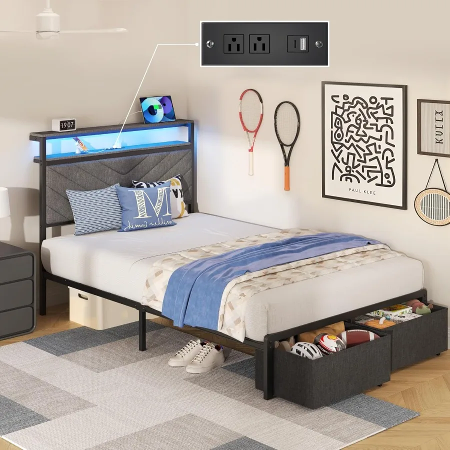 Grey Platform Bed Frame with Upholstered Headboard Twin Size Bed with Built-in Charging Station and LED Lights 2 Storage Drawer