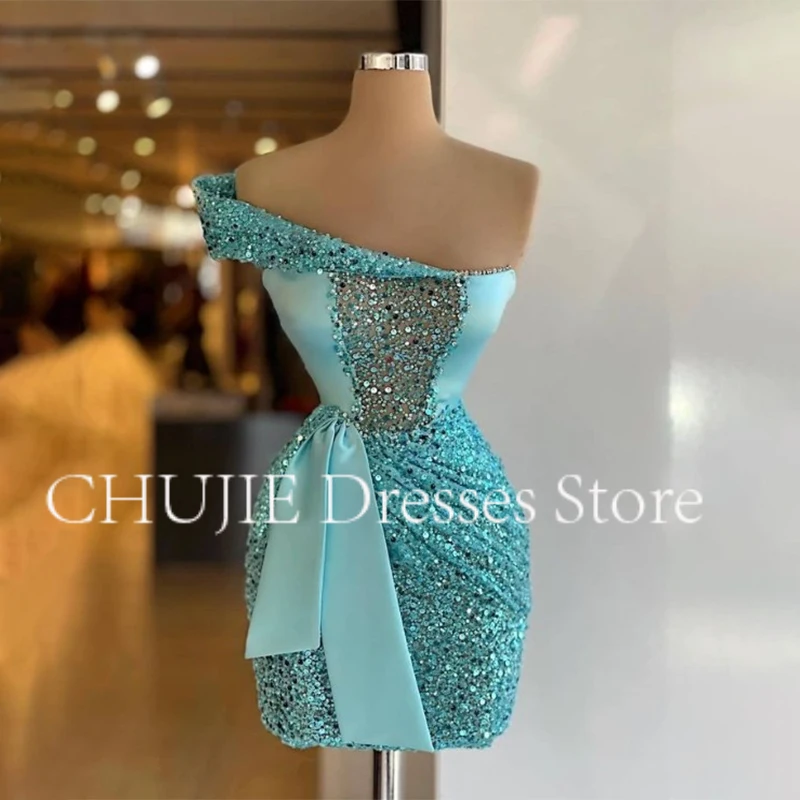 

Customized One Shoulder Mini Cocktail Dresses Sequins Beads Mermaid Graduation Dress For Juniors Prom Gowns Homecoming Dress