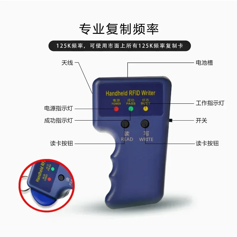 Repetitivo portátil 125KHz EM4100 5200 RFID tarjeta de identificación escritor copiadora duplicadora programador + 2 uds T5577 etiquetas de llaveros