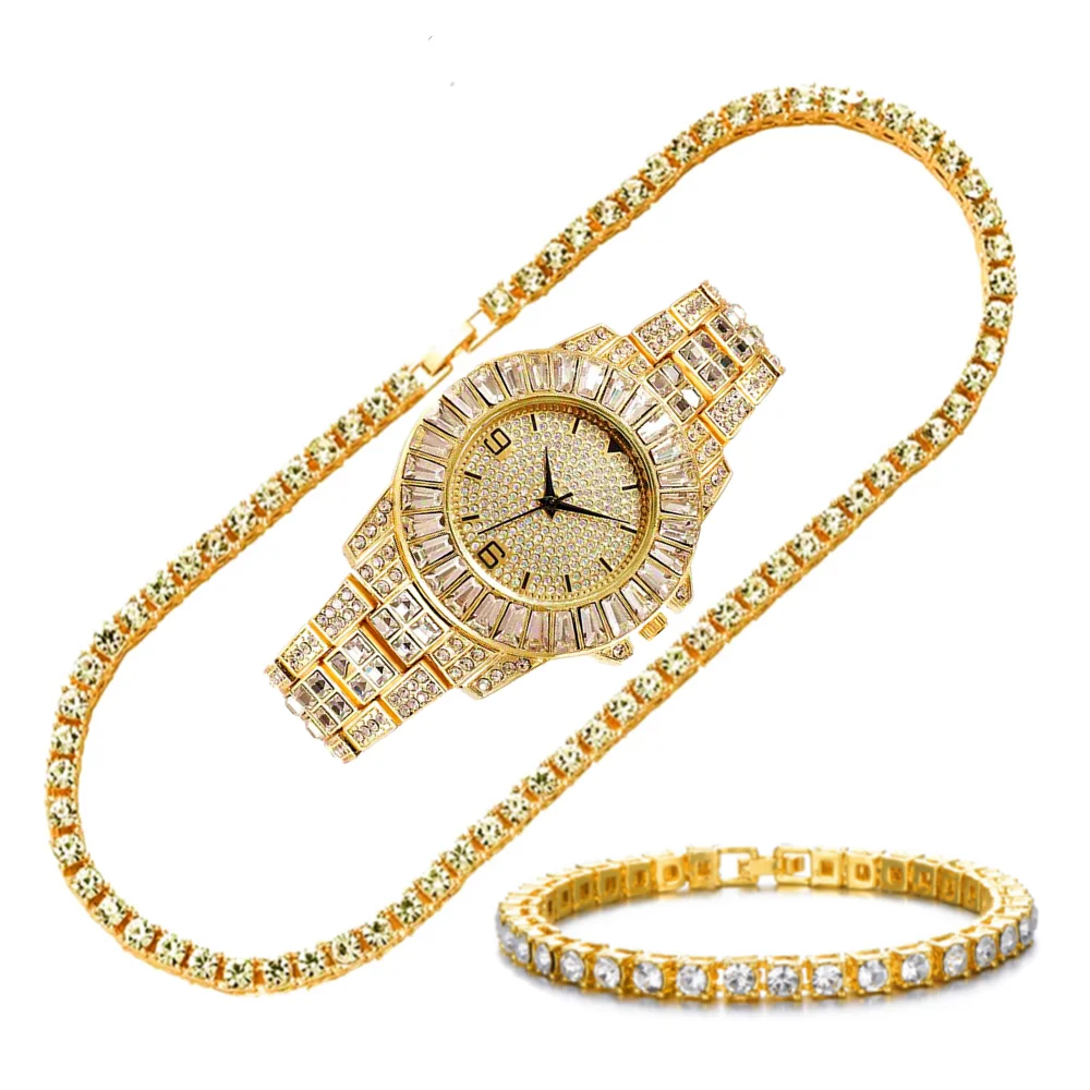 3PCS Luxury Iced Out Watches Men Women Tennis Chain Bracelet Necklace Bling Bling Jewelry Set Diamond Men's Watch Women Calendar