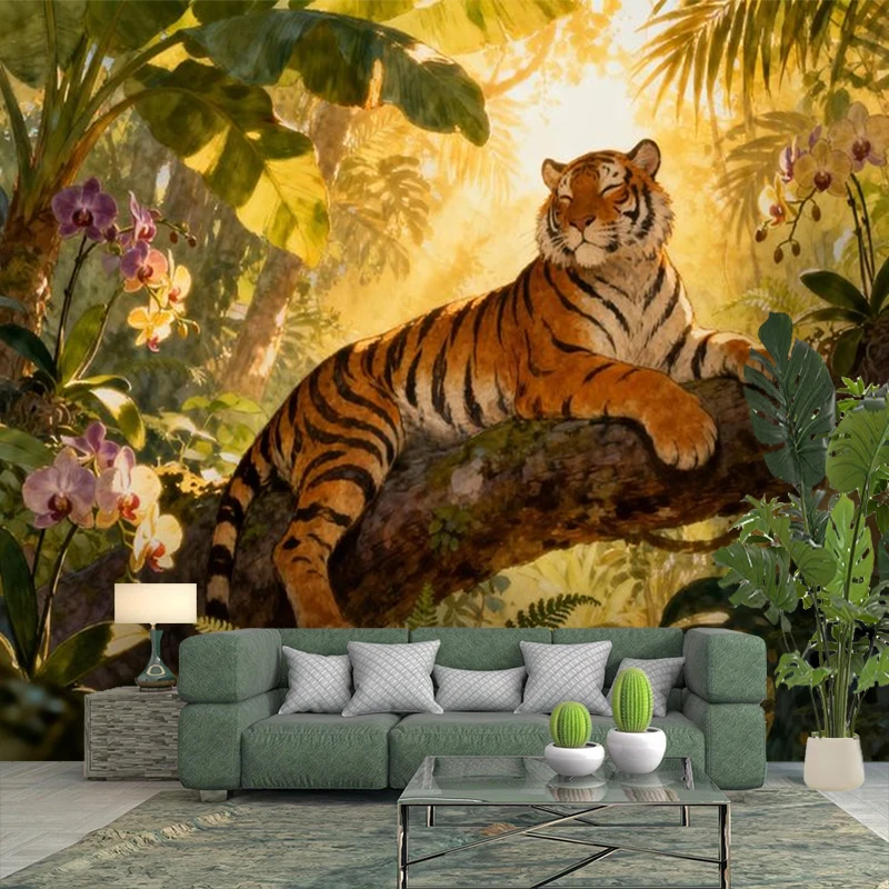 1PC Tiger Branch Orchid Oil Painting Print Backdrop Banner, Bedroom Living Room Photo Background, Polyester, Home Decor, Wall Ar