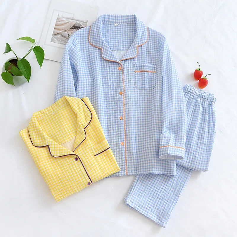 New Women Spring Pajamas Cotton Gauze Crepe Sleepwear Long Sleeve Print Two Piece Set Loungewear Thin Casual Loose Home Clothes