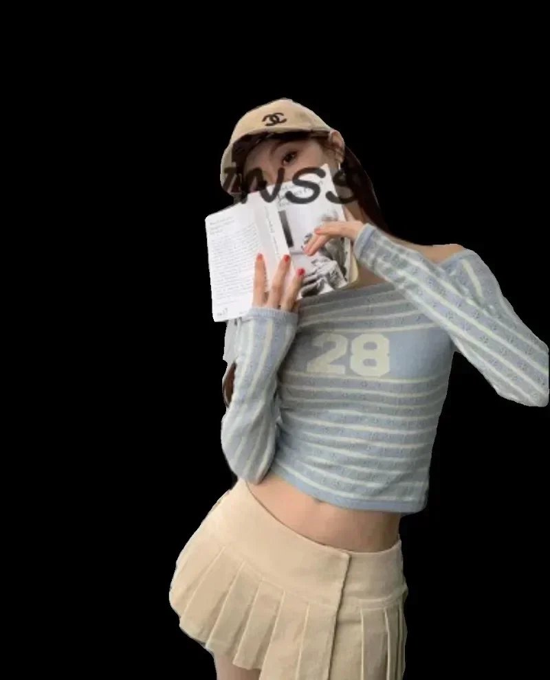

Miiiix Korean Fashion Design Long Sleeved T-shirt Women Sweater Top One Line Neck Off-shoulder Striped Knitwear Female Clothing