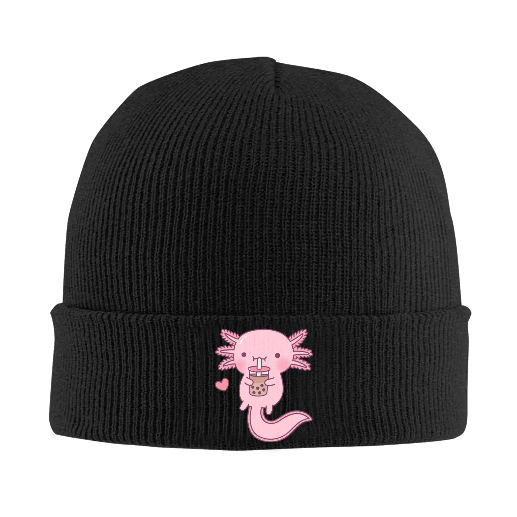 Cute Axolotl Drinking Bubble Tea Knitted Caps for Women Men Skullies Beanies Autumn Winter Hat  Casual Caps