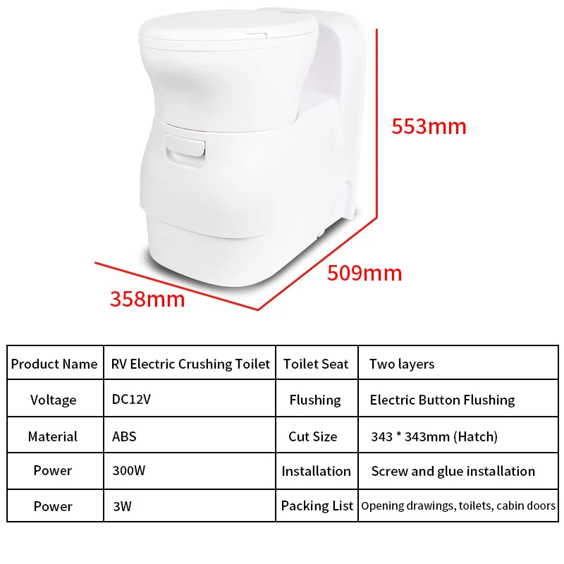 Deren 12V 300W RV Travel Portable Toilet Caravan Electric Flush Toilet Electric Crushing Flushing Cassette Toilet