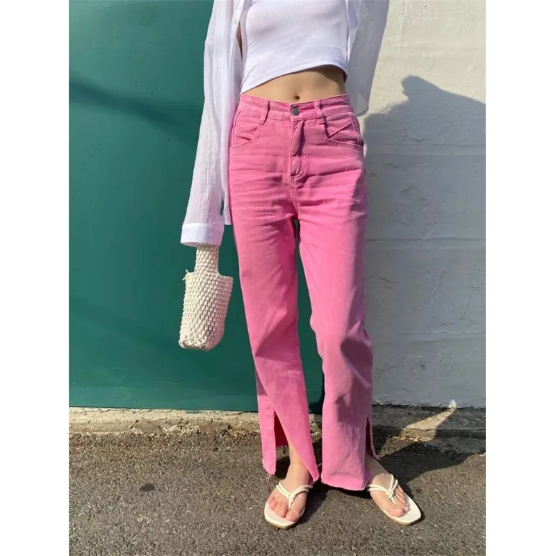 Chic Korean Style Wide Leg Jeans High Waist Zipper Closure Casual Cotton Blend Four Season Wearable Rose Red Side Slit Long P...