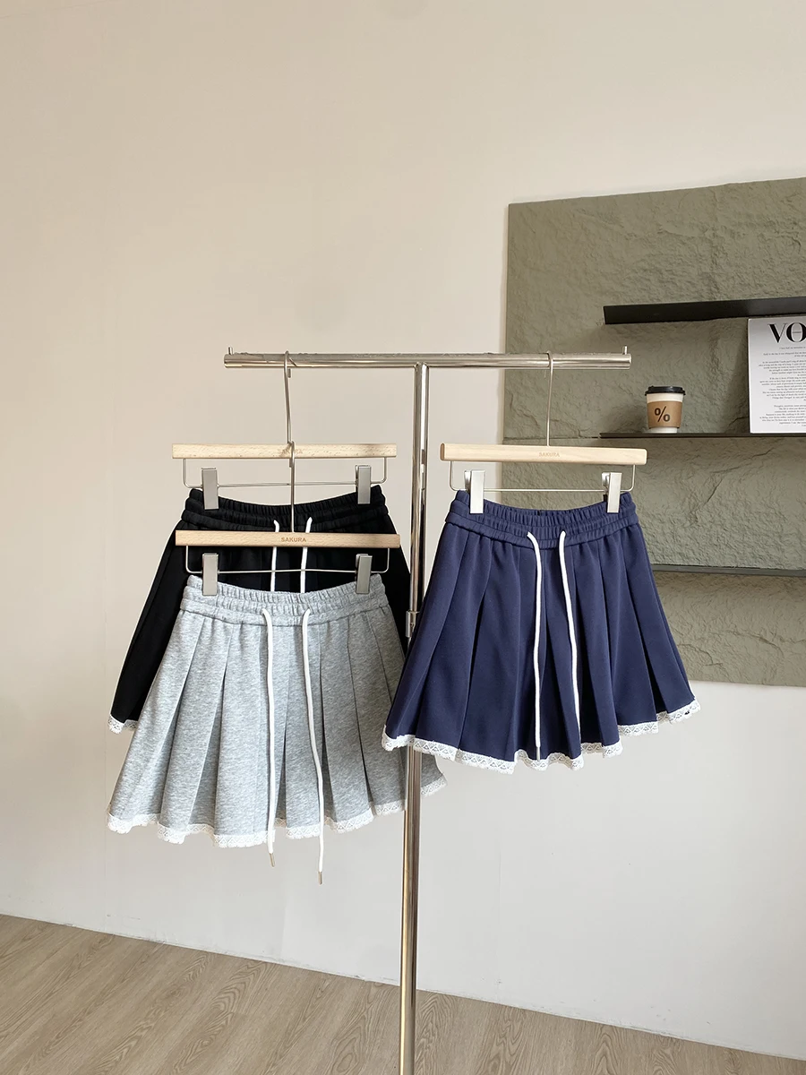 

2025 Summer New Korean Style Women's High Waist Pleated Skirt with Lace Design Anti-Light Walking Skirt Polyester Fiber