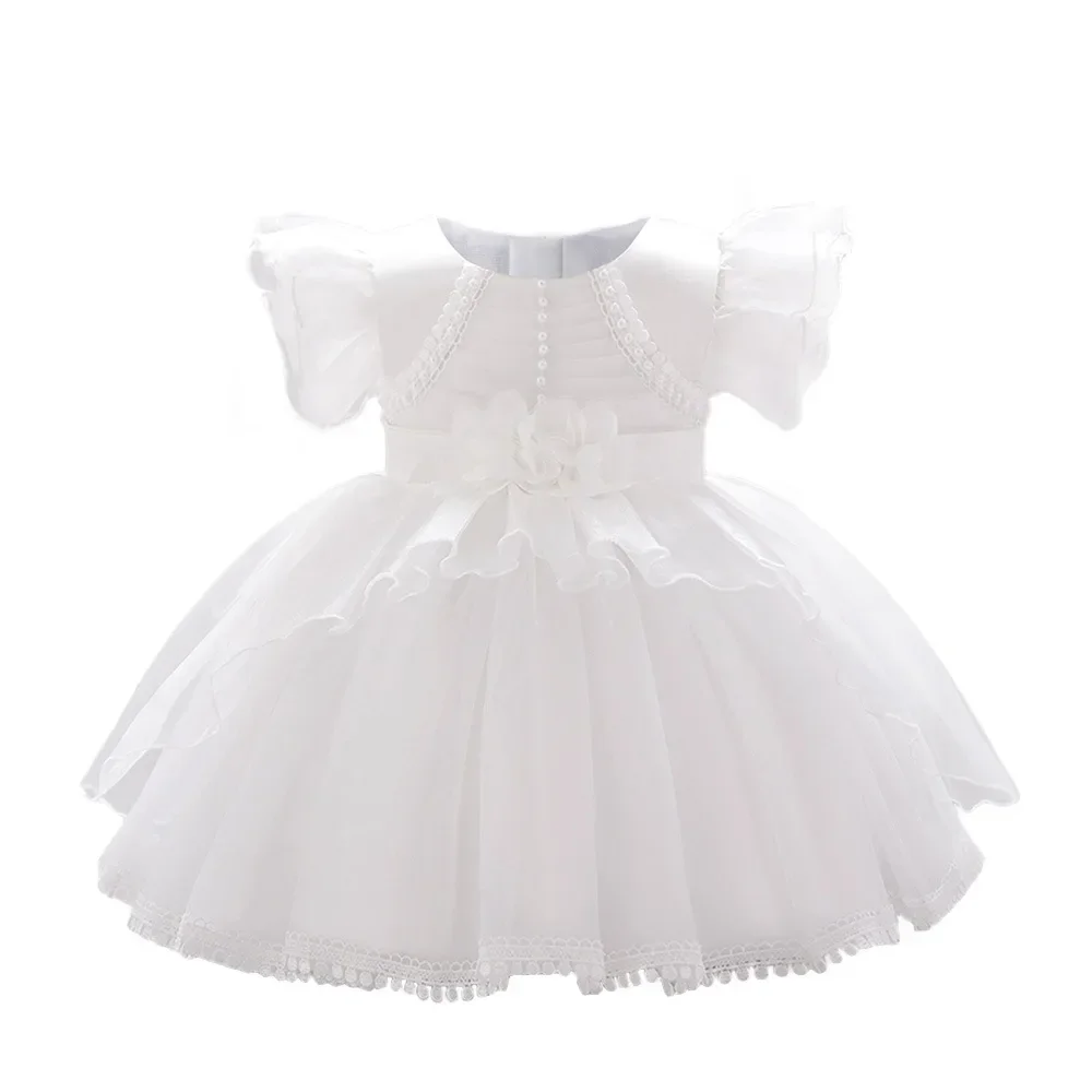 Toddler Party Summer Baby Girl Dresses White Bow Baptism 1 Years Birthday Princess Dress for Baby Girls Floral Wedding Prom Gown