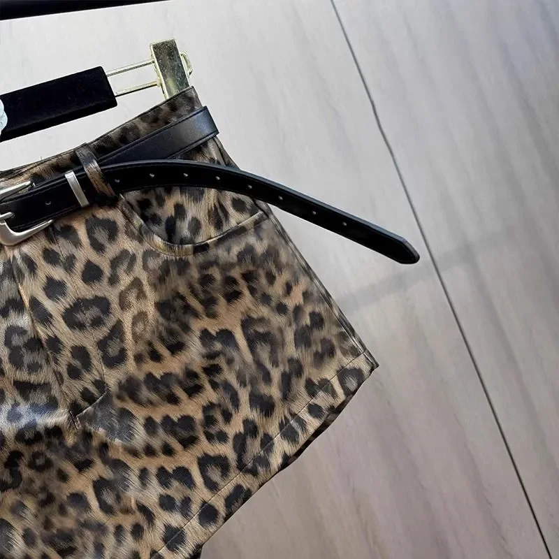 American Retro Leopard Print Shorts Women's Spring Autumn Fashion High Waist Casual Pants A-Line Hip Cover PU Leather Pants