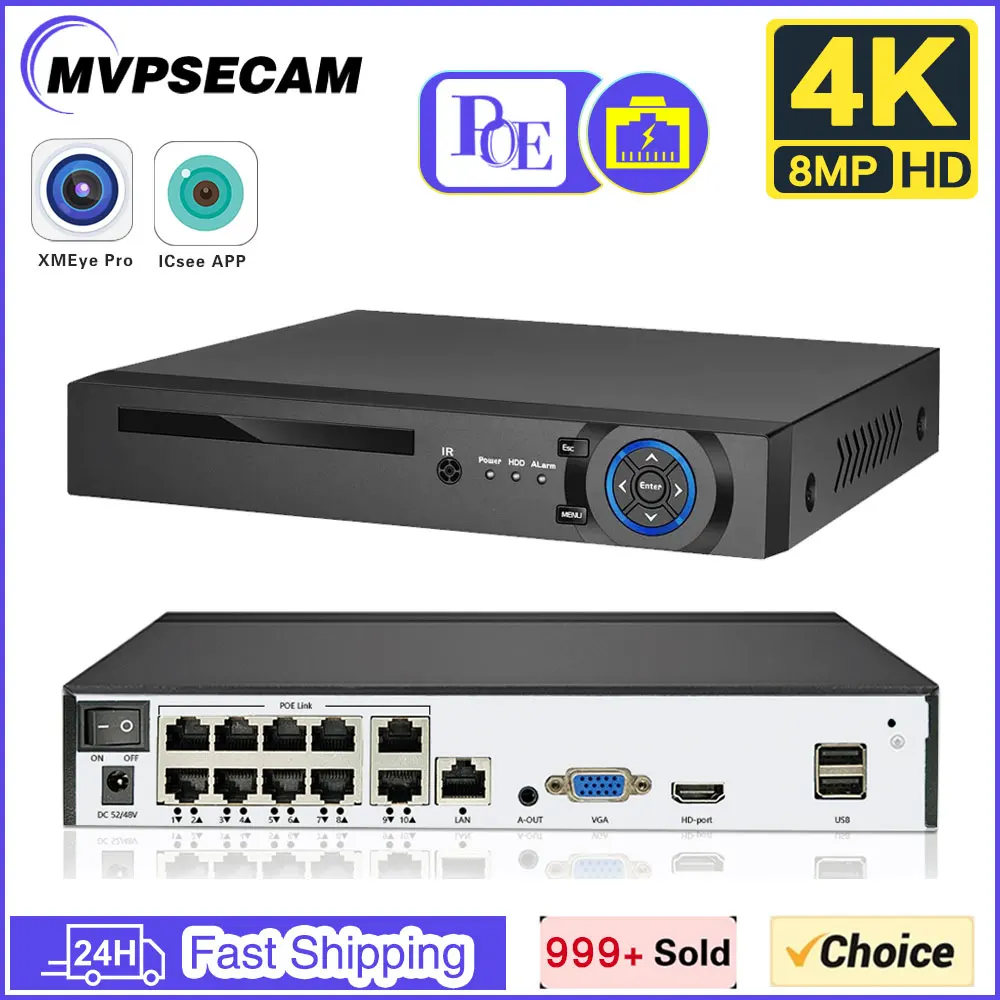 

H.265+ HEVC POE NVR 4K Output 8CH Security Video Recorder Onvif Rtsp Linux Face Detect Xmeye CCTV Security System Plug And Play