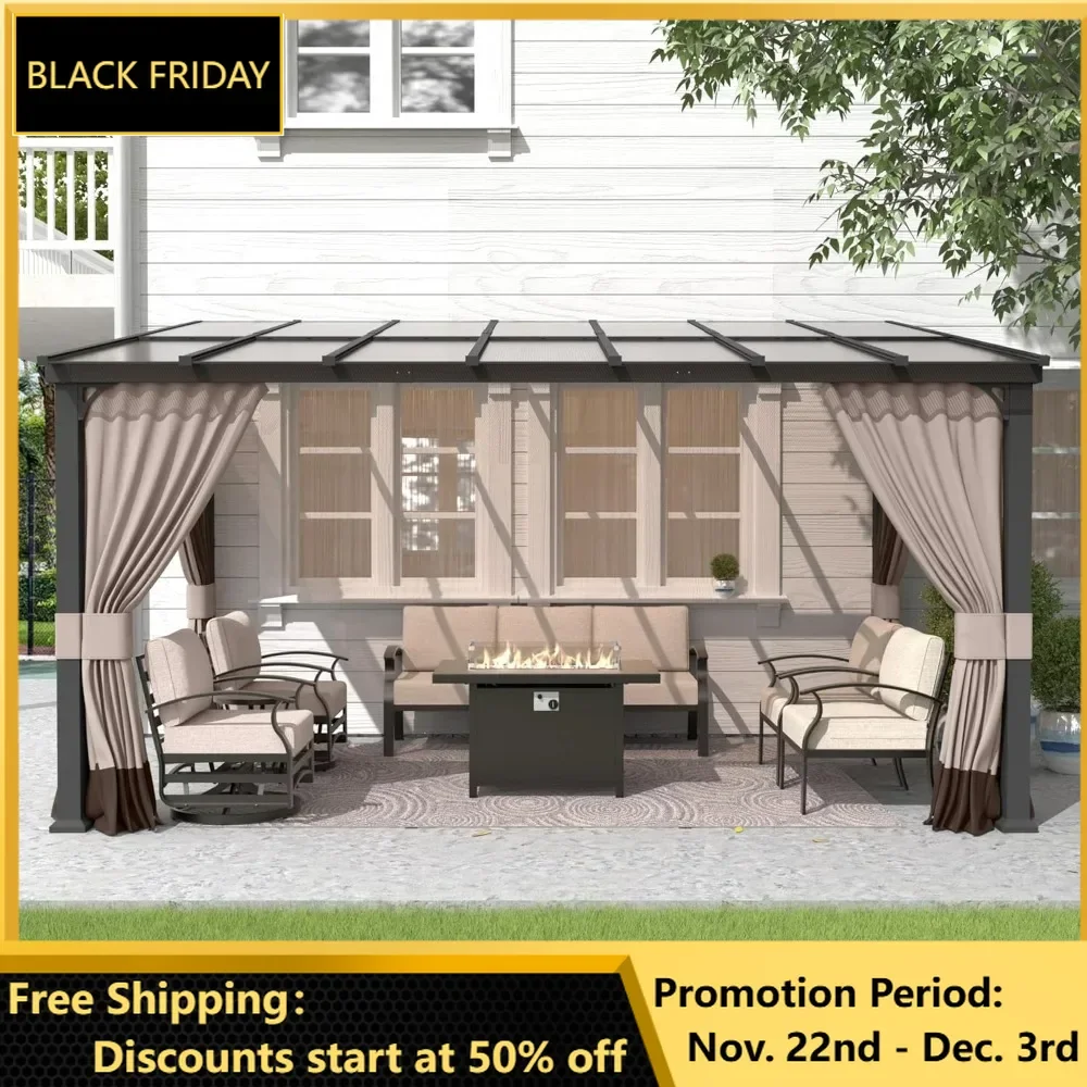 10FTx14FT Outdoor Wall-Mounted Hardtop Pergola, Metal Frame Gazebo with Sloping Sun Panel Roof and Double Curtains Pergolas