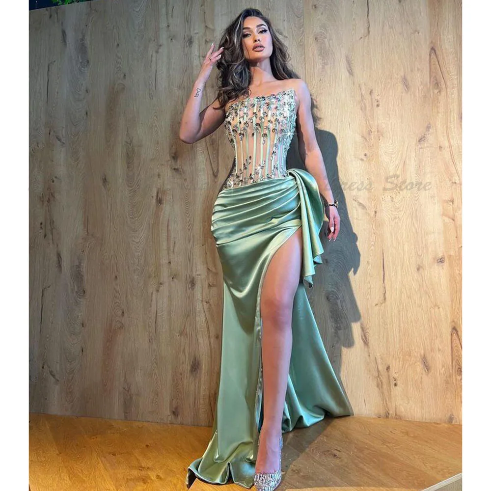 

Green Prom Dresses Alliques Sparkle Crystals Shine Strapless Sleeveless Satin High Quality Trumpet Floor Length Stylish Luxury