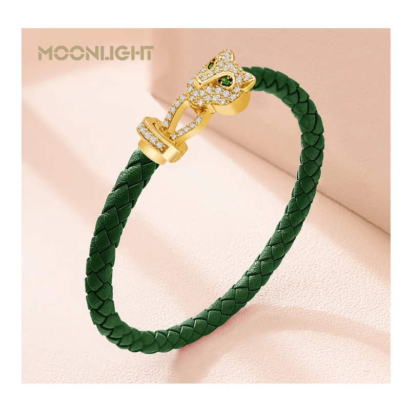MOONLIGHT Classic Design Exquisite Cheetah Zircon Bracelet for Women Braided Leather Bracelet Quality Banquet Couples Gift